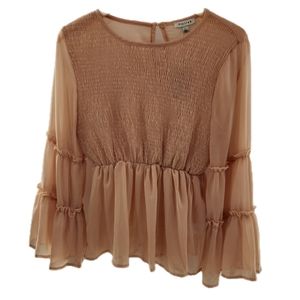 Stellah Tiered Bell Long Sleeve Smocked Babydoll Top Size Large